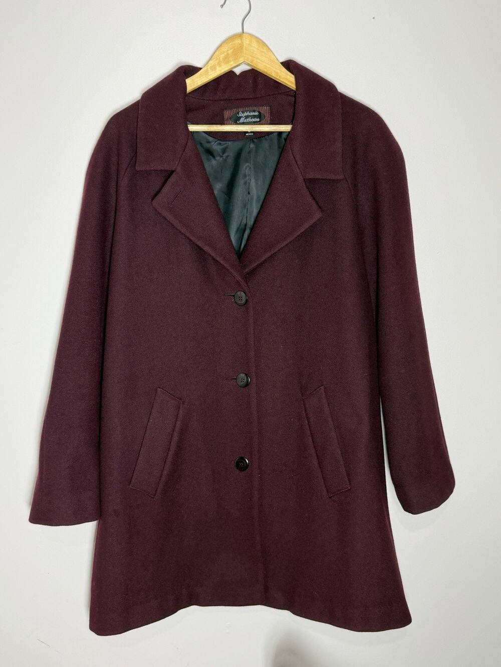 Stephanie Mathews 100% Wool Coat Womens 16 Purple Burgundy Mid Length Button Up